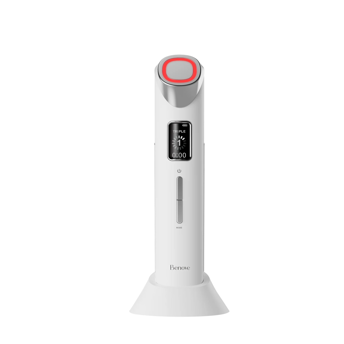 Dispositivo facial blanco ThermaGlow Pro de Benove, con cabezal plateado y detalles en rojo, sobre una base cargadora blanca.