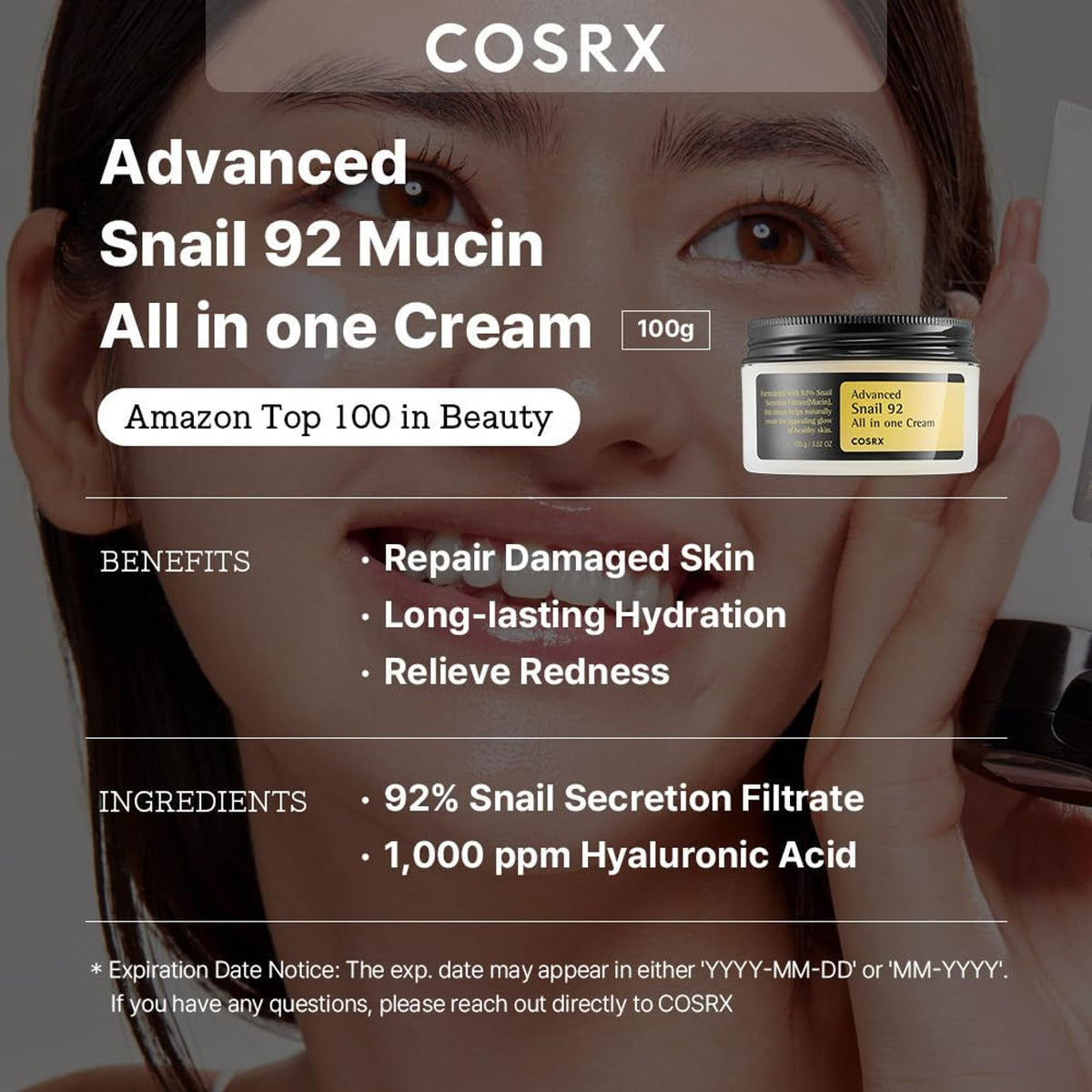COSRX Advanced Snail 92 All in One Cream aplicación sobre piel hidratada