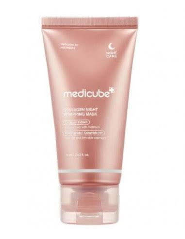 Mascarilla facial de noche de colágeno por Medicube, en un tubo de color rosa pálido.
